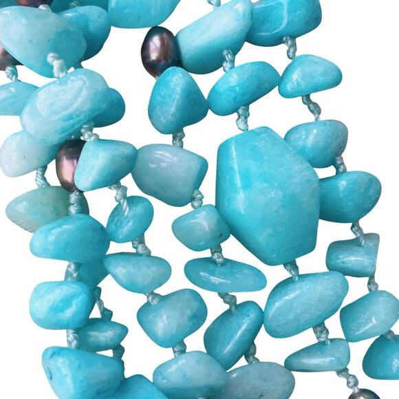 Hand-Knotted Multi-Strand Aqua Color Amazonite Bib Necklace w/ Toggle Clasp 19” - Picture 4 of 16